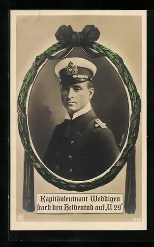 AK Portrait Kapitänleutnant Weddigen strab den Heldentod auf U29, U-Boot