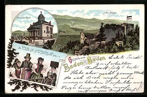 Lithographie Baden-Baden, Griechische Kapelle, Altes Schloss