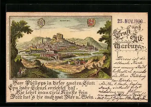 Lithographie Marburg, Alt-Marburg nach einem Stich