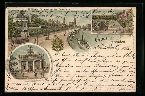 Lithographie Dresden, Brühlsche Terrasse mit Kgl. Belvedere, Terrassen Treppe, Portal am Ausstellungsgebäude ..