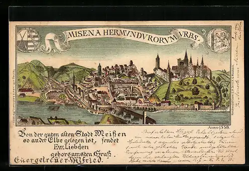 Lithographie Meissen, Alte Ansicht der Stadt aus dem Jahre 1558