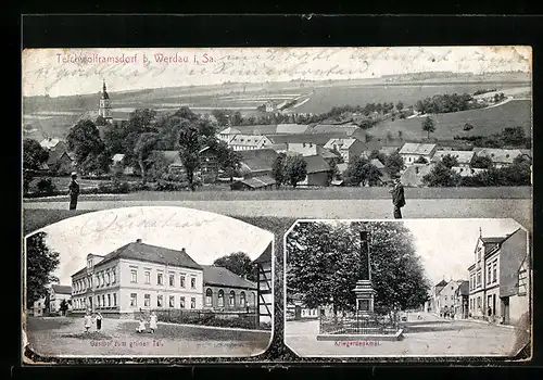 AK Teichwolframsdorf b. Werdau, Gasthof zum grünen Tal, Kriegerdenkmal, Teilansicht