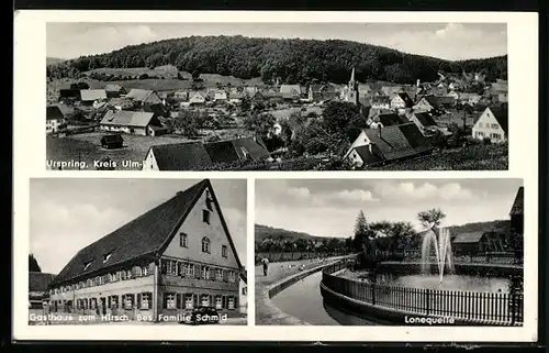 AK Urspring /Kr. Ulm-D., Ortsansicht aus der Vogelschau, Gasthaus zum Hirsch, Bes. Familie Schmid, Lonequelle