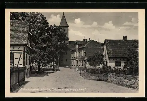 AK Scherzheim, Kirche, Schule, Kriegerdenkmal
