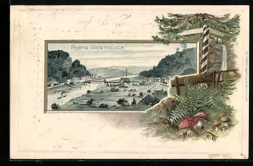 Präge-Lithographie Porta Westfalica, Generalansicht am Weserufer