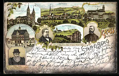 Lithographie Vierzehnheiligen, Rathaus, Staffelberg und Schloss Banz