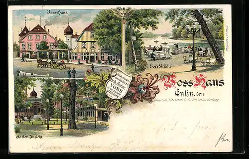 Lithographie Eutin, Wohnhaus des Dichters Joh. Heinrich Voss, Gartenansicht, Voss-Brücke