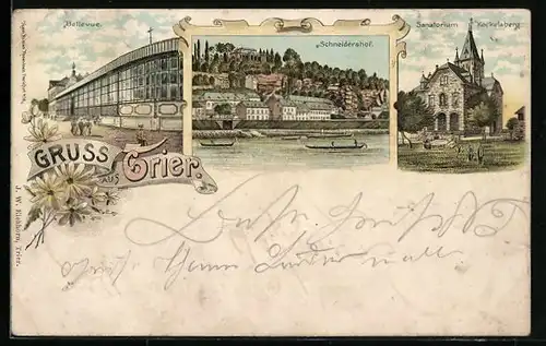 Lithographie Trier, Bellevue, Schneidershof, Sanatorium Kockelsberg