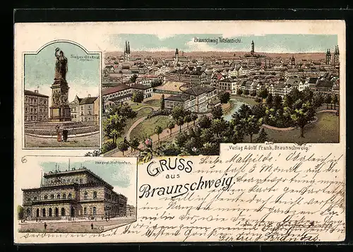 Lithographie Braunschweig, Totalansicht, Sieges-Denkmal, Herzogl. Hoftheater