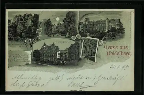 Lithographie Heidelberg, Schlosshof, Otto Heinrichsbau, Friedrichsbau