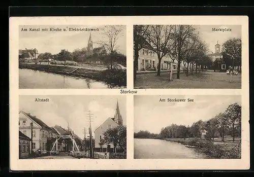 AK Storkow, Am Kanal mit Kirche und Elektrizitätswerk, Marktplatz, Altstadt, Storkower See