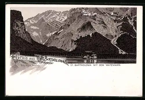 Lithographie Königsee, St. Bartholoma mit dem Watzmann