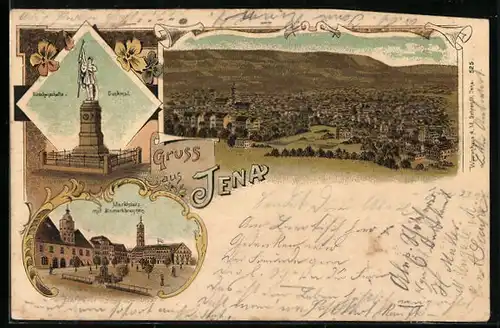 Lithographie Jena, Totalansicht, Marktplatz mit Bismarckbrunnen, Burschenschafts-Denkmal