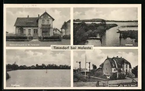 AK Timmdorf, Gasthaus Zu den 5 Seen, Gemischtwaren v. W. Petersen, Trentsee, Dieksee