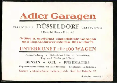 AK Düsseldorf, Werbekarte der Adler-Garagen, Oberbilkerallee 98, Verkaufsräume Graf Adolfstrasse 22, Stadtplan