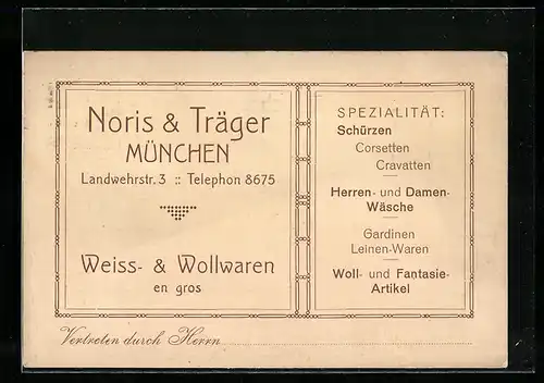 AK München, Noris & Träger, Weiss und Wollwaren, Landwehrstr. 3