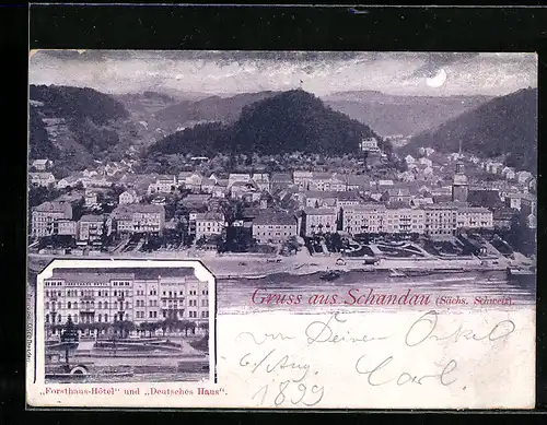Mondschein-AK Schandau /Sächs. Schweiz, Forsthaus-Hotel und Deutsches Haus, Panorama