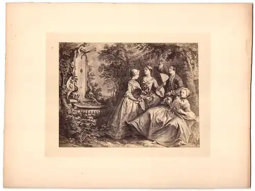 Fotografie Edelmann in Damengesellschaft nebst Brunnen und Putte