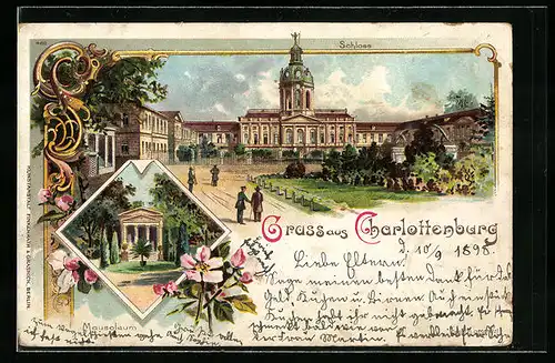 Lithographie Berlin-Charlottenburg, Mausoleum und Schloss