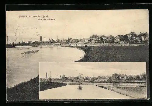 AK Frankfurt-Höchst, Blick von der Insel und der Schleuse auf den Ort