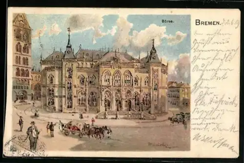 Künstler-AK Karl Heinisch: Bremen, Börse mit Passanten, Pferdegespann