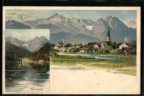 Künstler-AK Heinrich Deuchert: Garmisch, Ortsansicht mit Rissersee