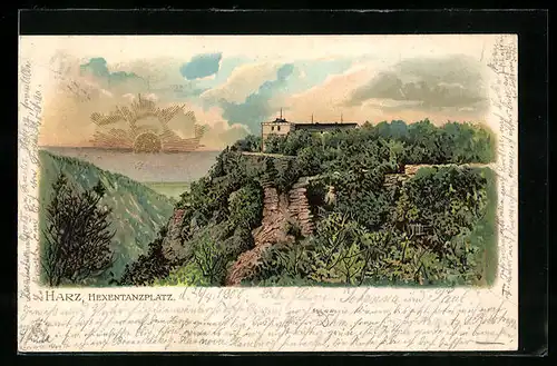 Lithographie Bodethal, Blick auf den Hexentanzplatz im Sonnenschein