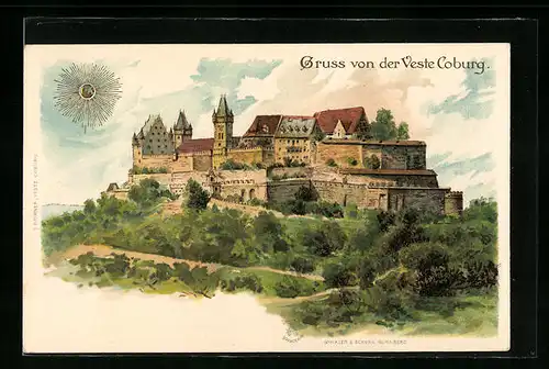 Lithographie Coburg, Blick auf Veste Coburg