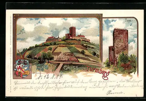 Lithographie Turmberg b. Durlach, Ortsansicht mit Turm