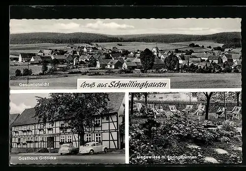 AK Schmillinghausen, Totalansicht, Gasthaus Gröticke mit VW-Käfer, Liegewiese