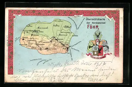AK Föhr, Übersichtskarte und Wappen der Insel