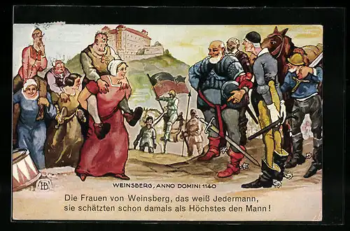 Künstler-AK Hans Boettcher: Weinsberg, Ritter mit Pferd und Frauen vor der Burg, Anno domini 1140