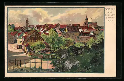 Künstler-AK Fritz Bergen: Marbach, Ortsansicht von Schiller`s Taufkirche aus