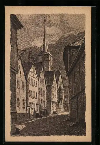 Künstler-AK Klingenberg a. M., Lindenstrasse mit Fachwerkhaus