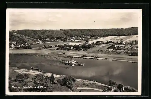 AK Diesbar-Nieschütz a. d. Elbe, Dampfschiff am Fluss