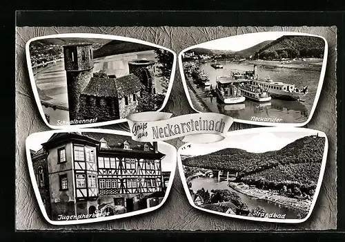 AK Neckarsteinach, Schwalbennest, Jugendherberge, Strandbad, Flussschiff Lohengrin