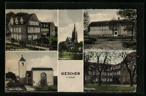 AK Gescher i. Westf., Marien-Hospital, von Galen-Schule, alte Kirche, Haus Hall