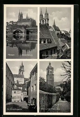 AK Meissen, Die Winkelkrugecke mit Gasthaus, Albrechtsburg, Stadtkirche