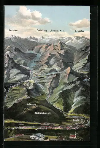 AK Bad Reichenhall, Ortsansicht mit Untersberg, Watzmann und Schönau