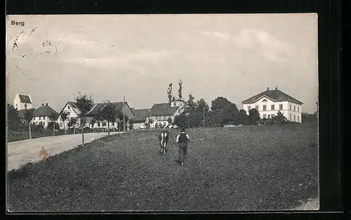 AK Berg, Blick über die Wiese auf Wohnhäuser