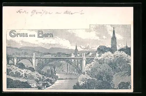 Lithographie Bern, Panorama mit Brücke