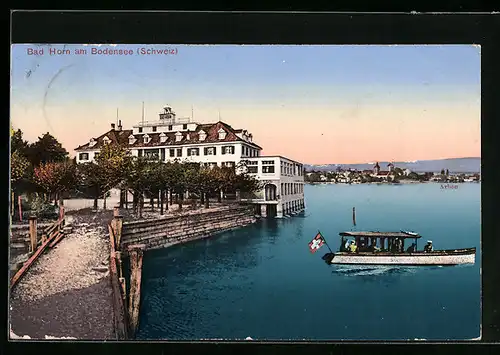 AK Bad Horn am Bodensee, Teilansicht mit Arbon und Boot