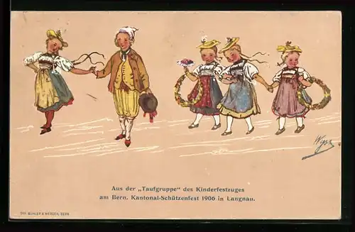 Künstler-AK Langnau, Taufgruppe des Kinderfestzuges am Bern. Kantonal-Schützenfest 1906