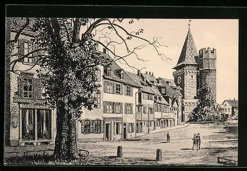 Künstler-AK Basel, Spalengraben und Spalentor