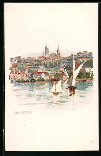 Künstler-AK Lausanne, Ortsansicht, Segelboote