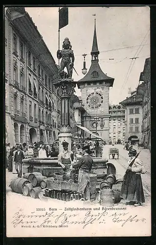 AK Bern, Partie am Bärenbrunnen mit Zeitglockenturm im Hintergrund
