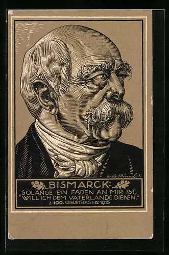 Künstler-AK Kopfportrait des Fürsten von Bismarck - Karte zum 100. Geburtstag 1915