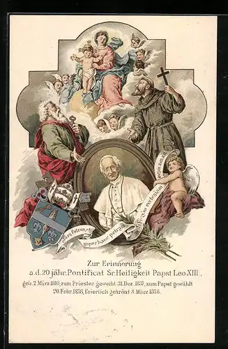 AK Erinnerung an Papst Leo XIII. zum 60.jähr. Priesterjubiläum, Engel, Petrus und Maria mit dem Jesuknaben