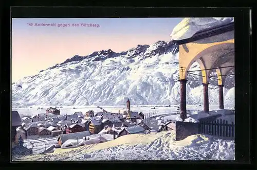 AK Andermatt, Ortspartie mit Bätzberg im Winter