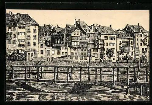 AK Basel, Alte Häuser am Rhein